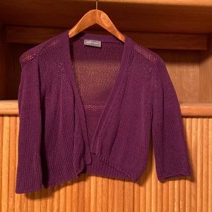 “wooden ships” loose knit eggplant colored cropped cardigan